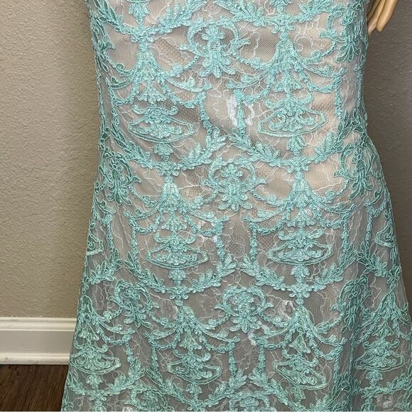 Gigi Sleeveless Mock 2 Piece All Over Lace Dress Sheer Midriff Aqua Mint Blue 00 - Picture 5 of 16